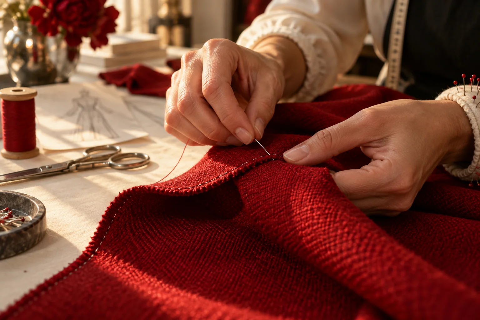 Hands carefully stitching a precise seam through scarlet fabric