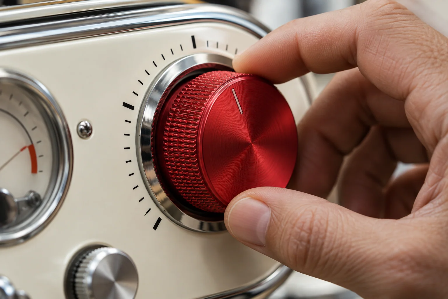 A hand adjusting a red dial on a carefully designed white instrument