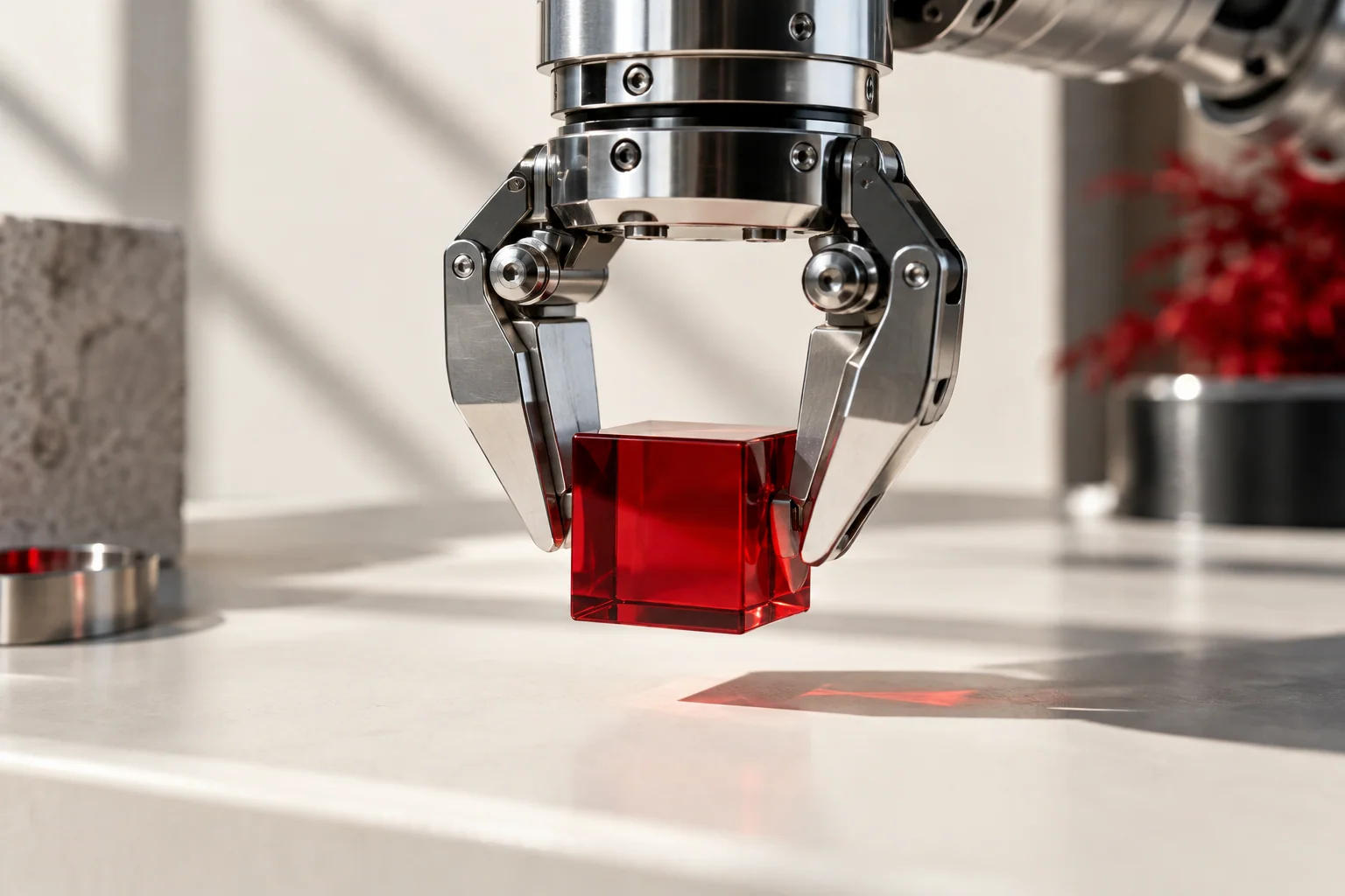 A chrome robotic gripper holding a translucent red cube