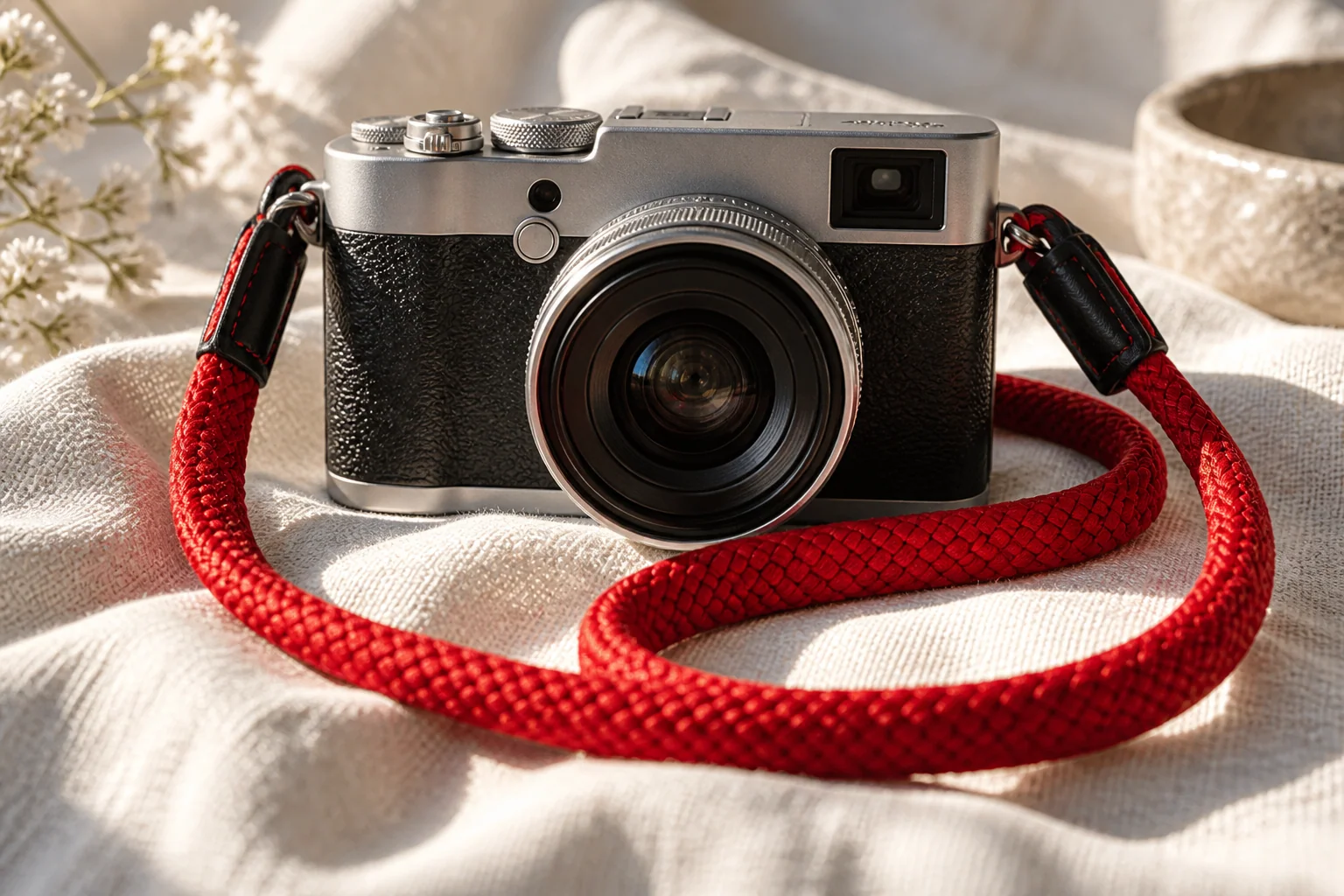 A compact camera with a red strap on ivory linen