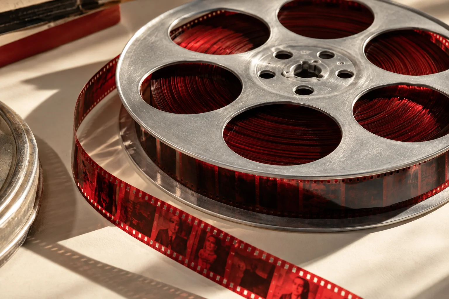 An ivory film reel threaded with scarlet film