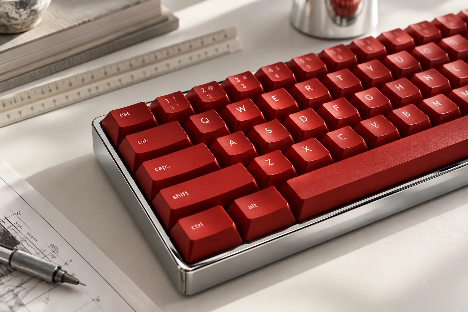 A red mechanical keyboard and architectural desk accessories