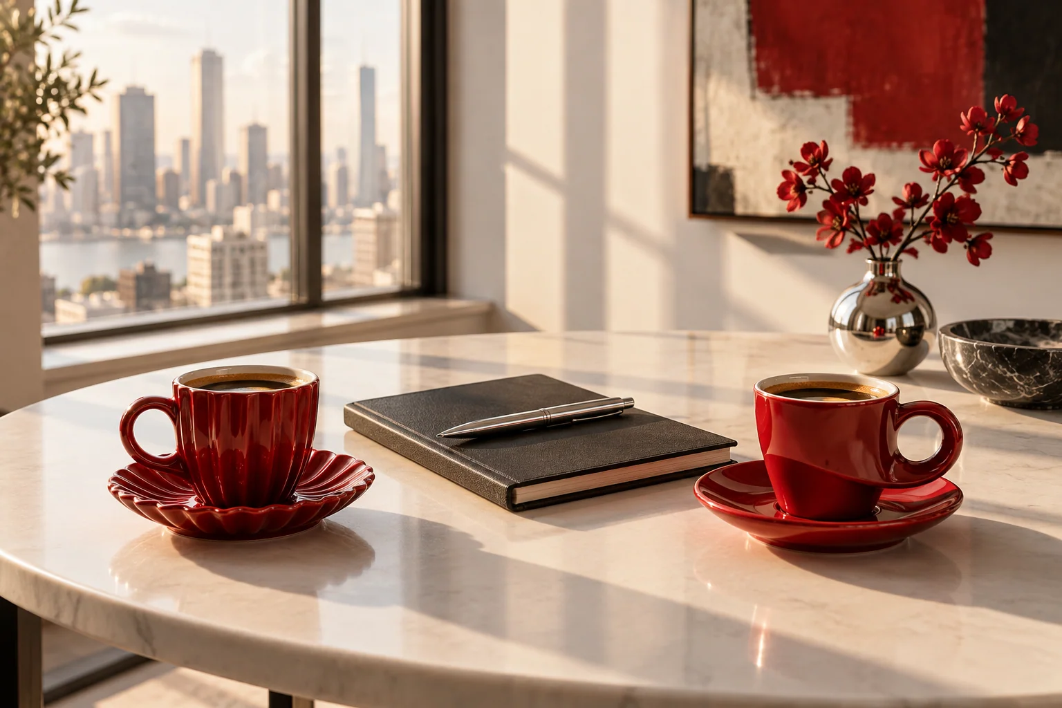 Two scarlet espresso cups awaiting a conversation at a sunlit table