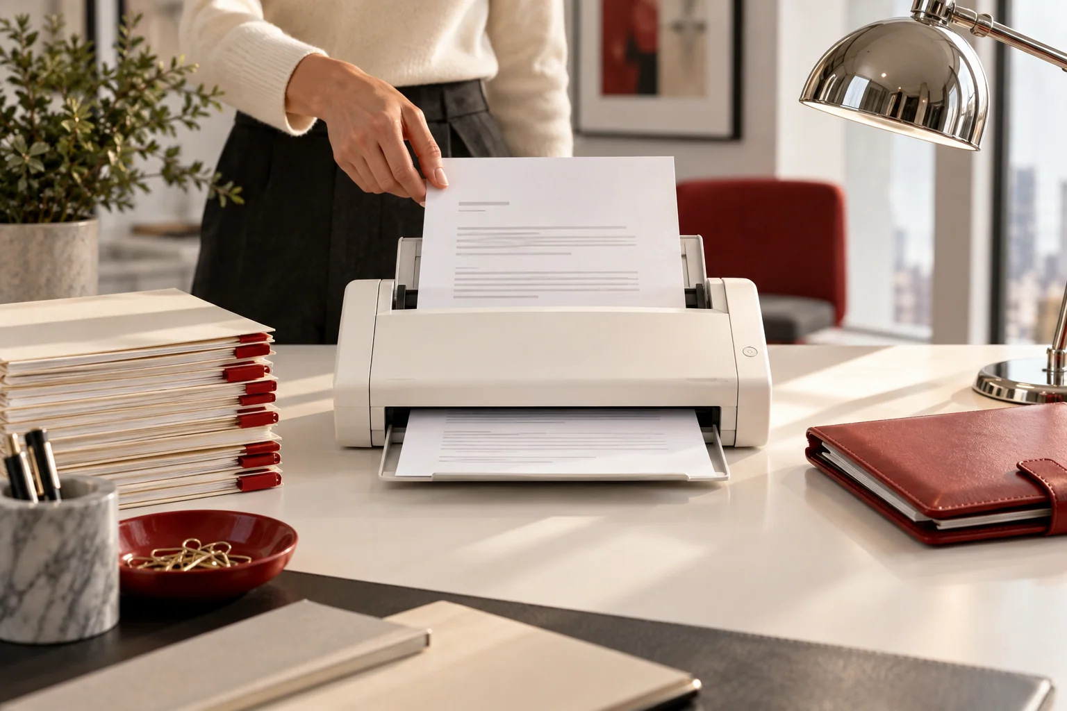 Paper documents moving through a bright automated scanning workspace