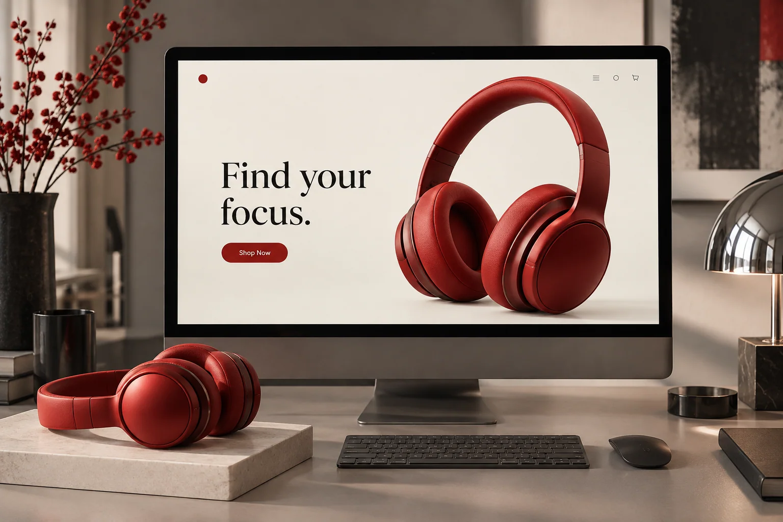 A focused red headphone campaign website on a large desktop screen