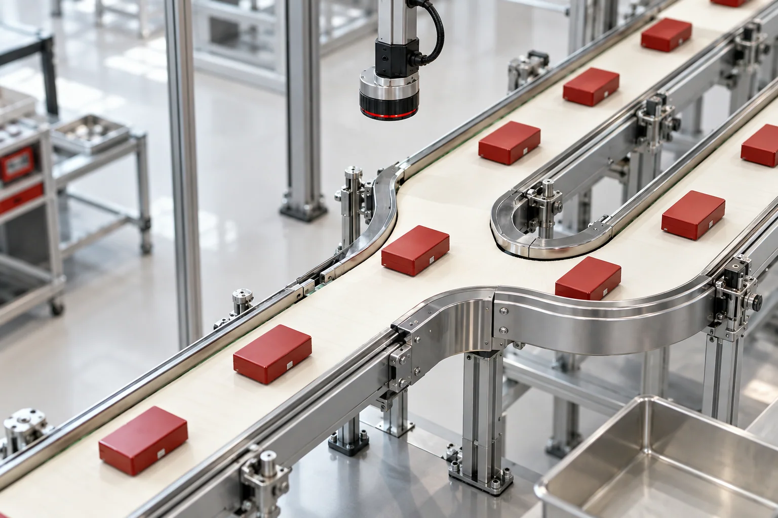 A precision white conveyor sorting scarlet modules into connected lanes