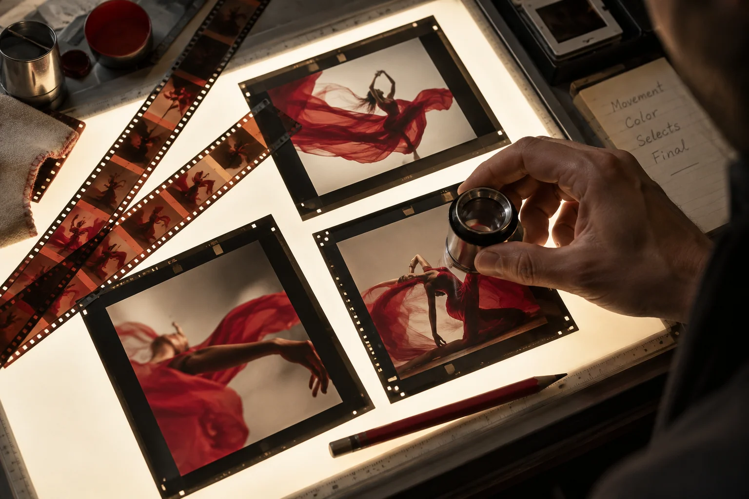 A film light table with graded photographic frames and a red editing pencil