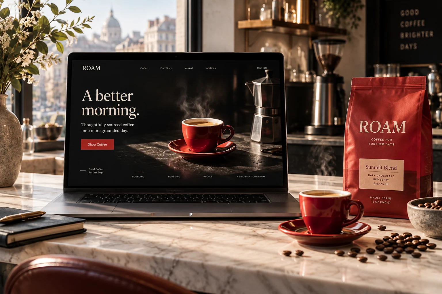 A coffee campaign landing page beside sculptural red espresso packaging