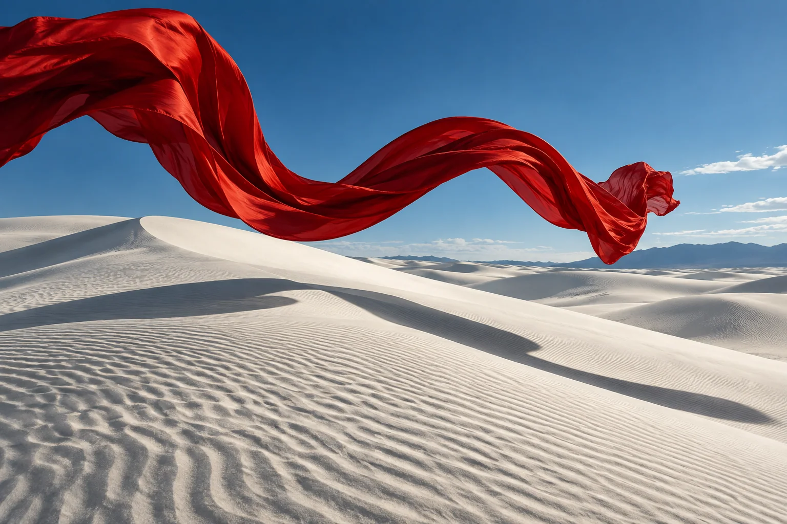 Cinematic campaign concept of a scarlet silk ribbon drifting above white desert dunes