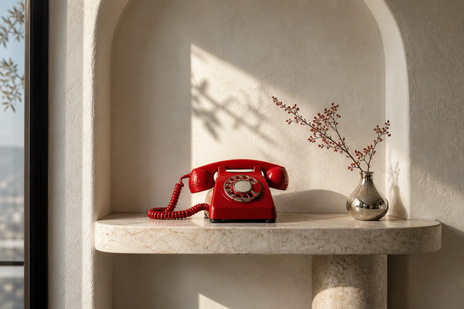 A scarlet rotary telephone in a contemporary ivory alcove