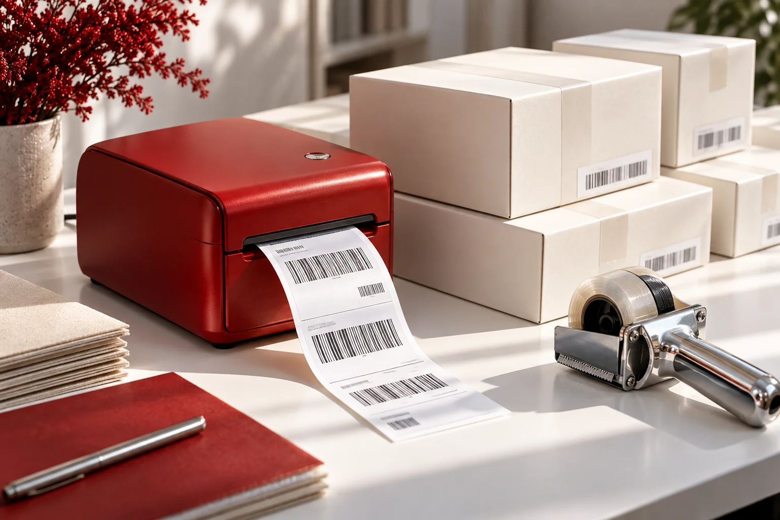 A red shipping-label printer organizing a sequence of ivory parcels