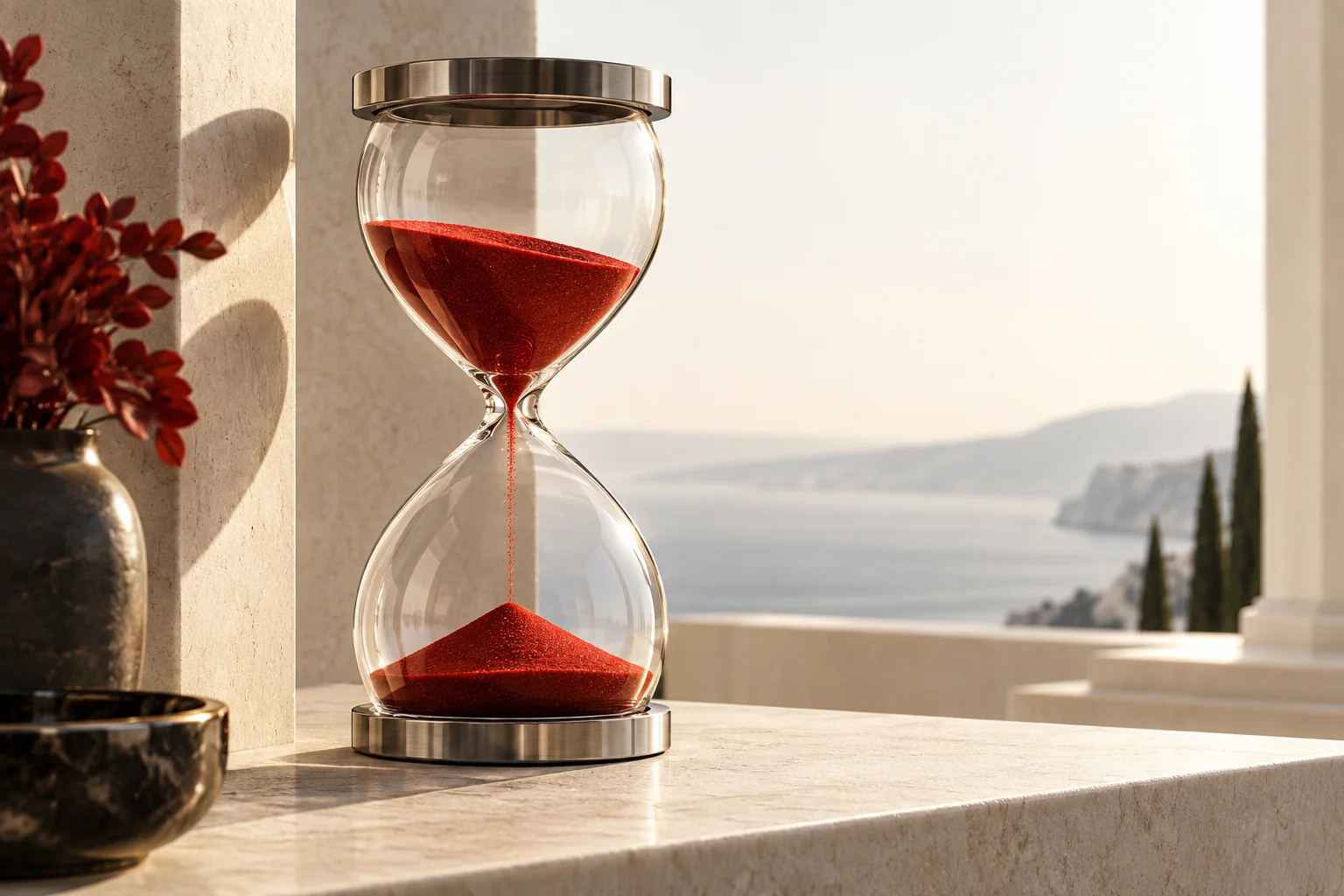 Scarlet sand flowing through a precise glass hourglass