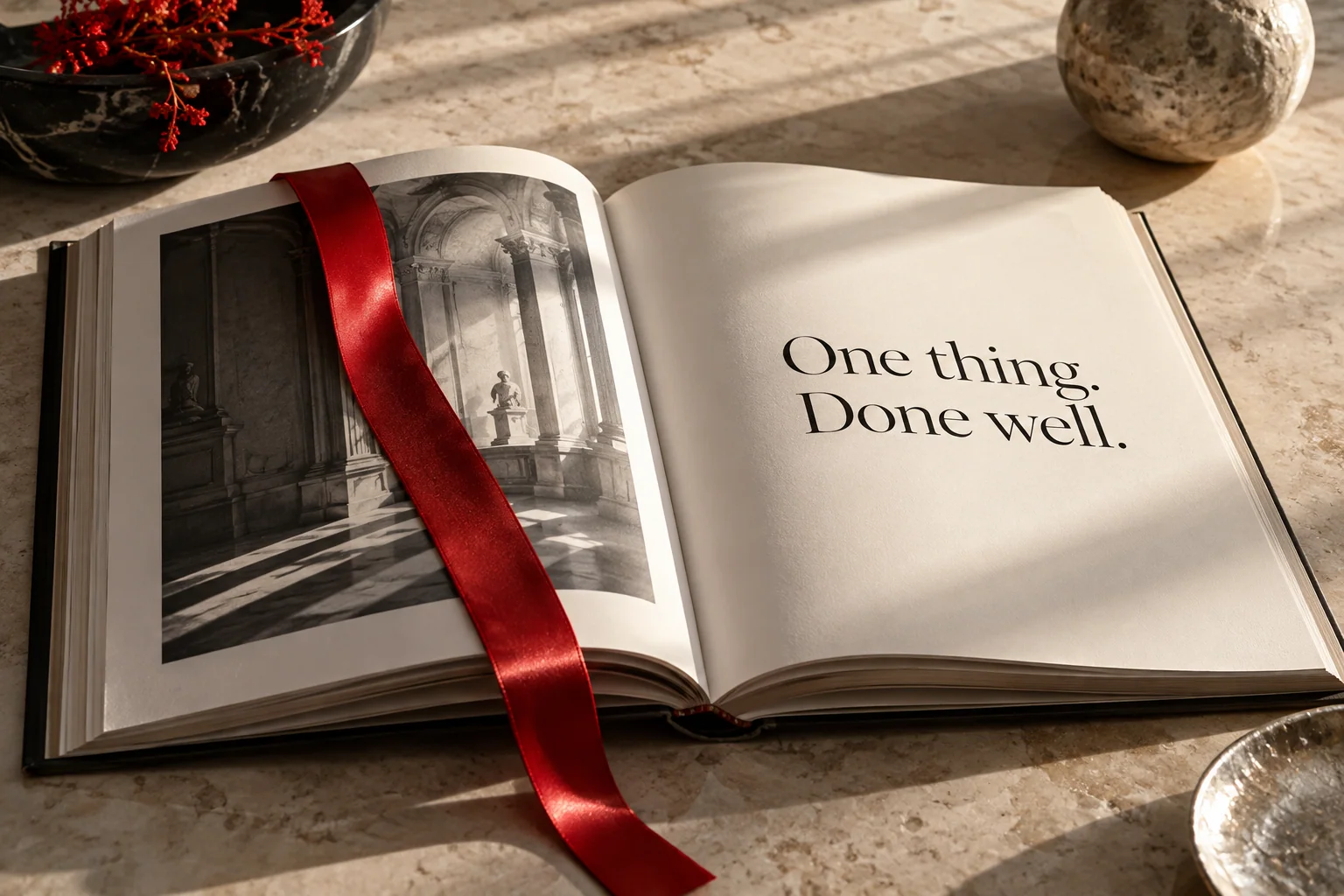 An open design book with a scarlet ribbon marking a single page