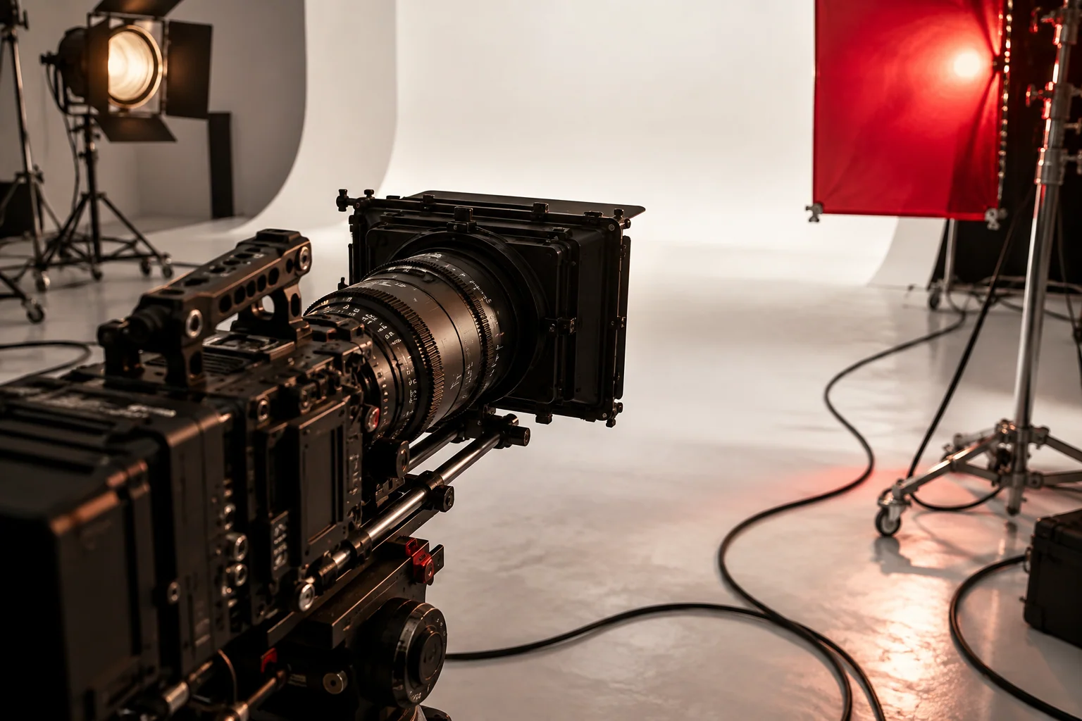 A cinema camera and scarlet lighting gel on a white studio set