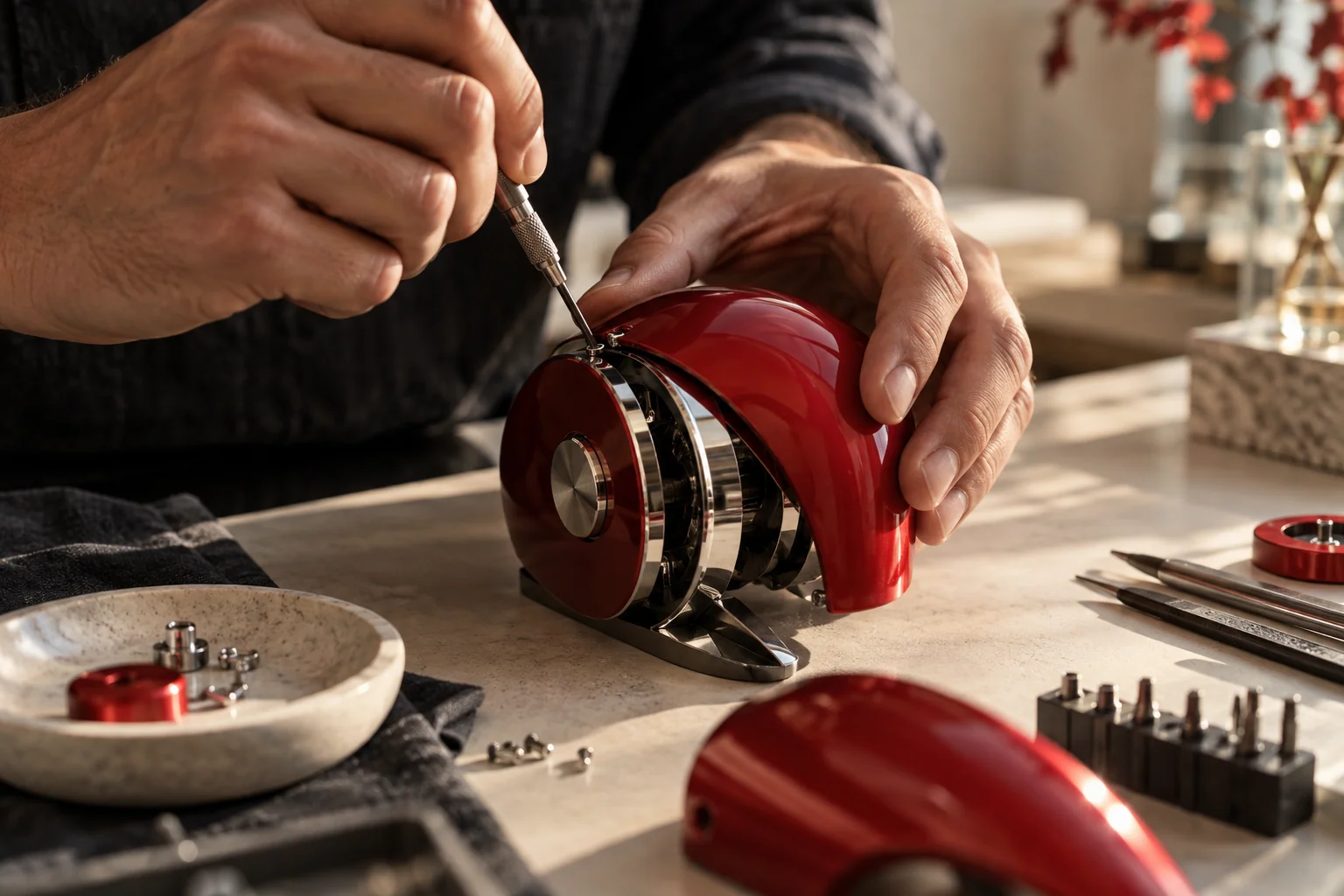 A designer shaping a sculptural red prototype by hand