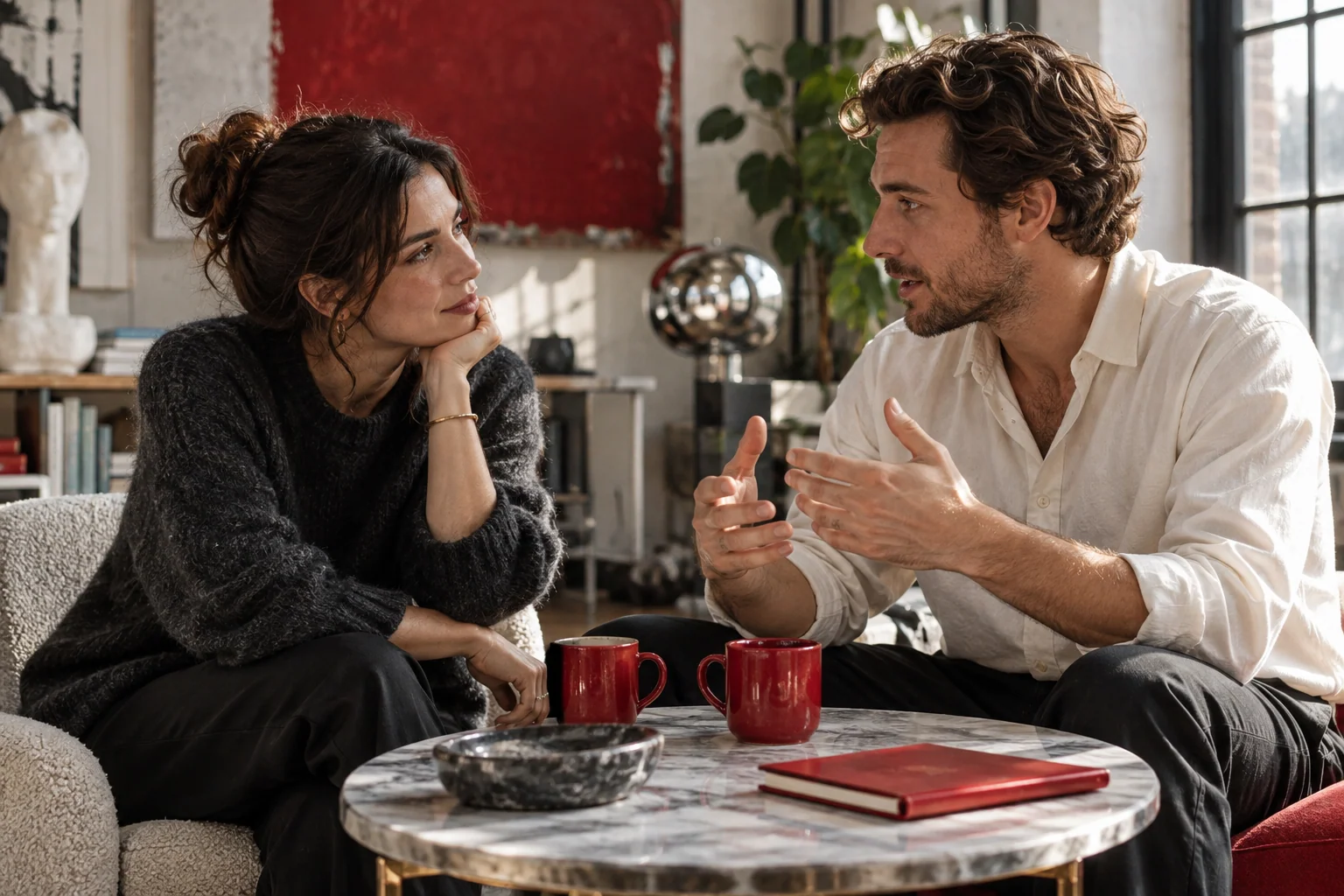 Two collaborators discussing a project across a sunlit table