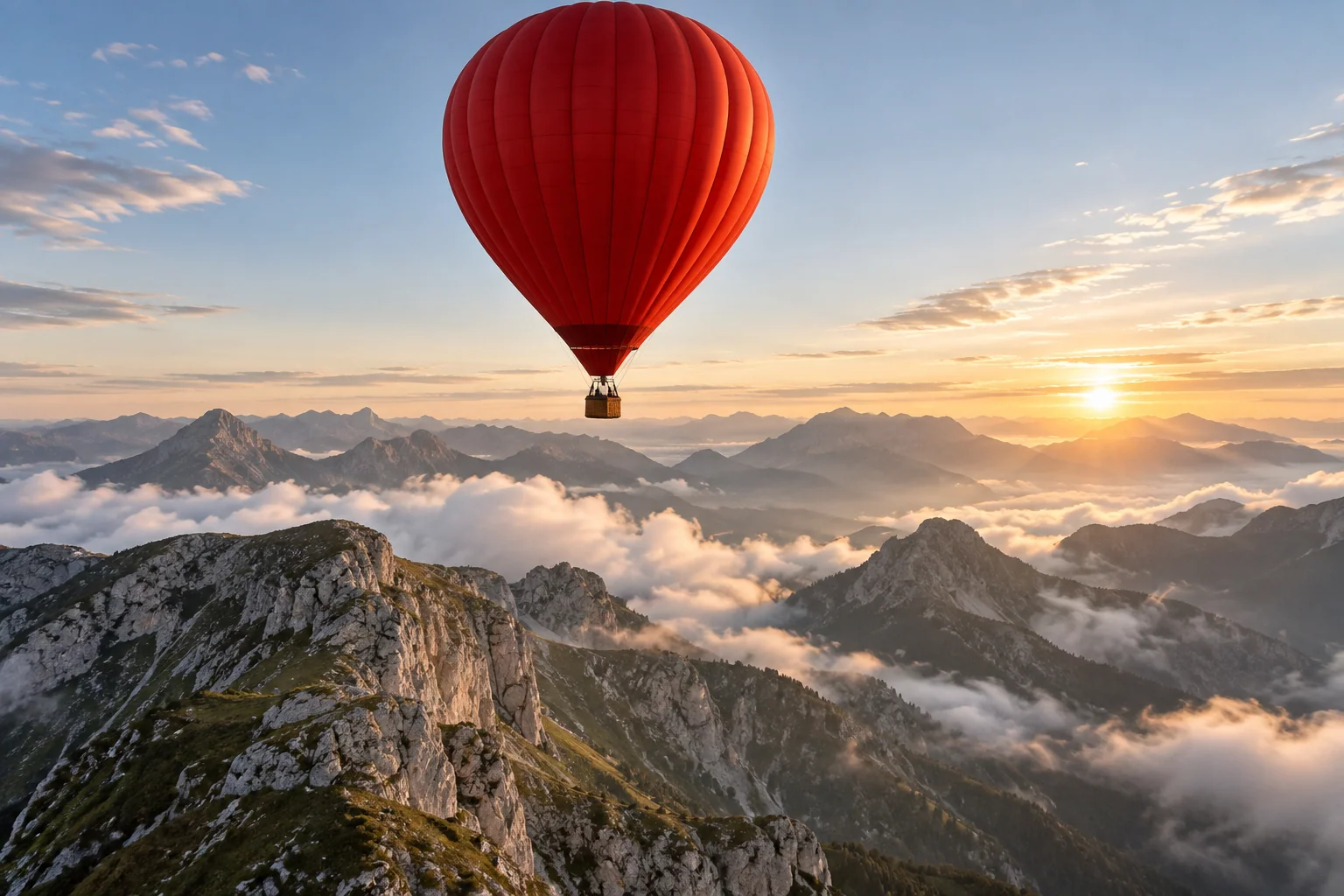A scarlet hot-air balloon lifting above pale mountain ridges