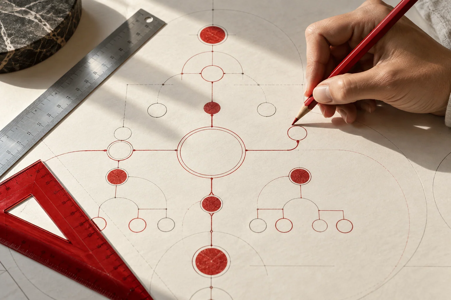 A hand tracing a project route across a large planning sheet