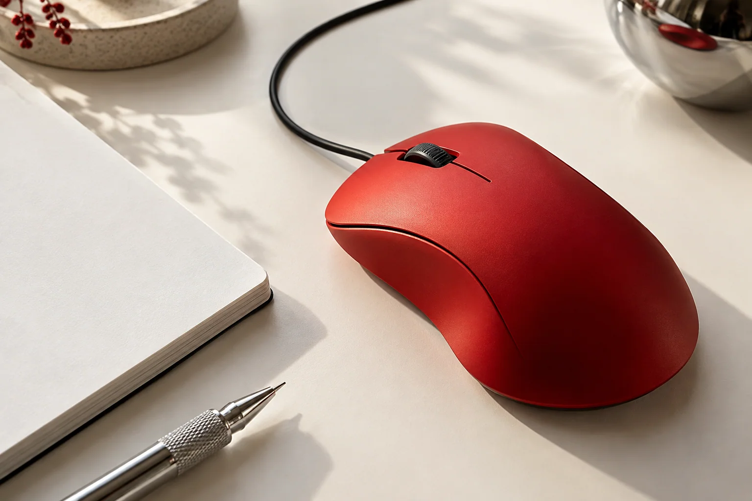 A sculptural scarlet computer mouse on a white design desk