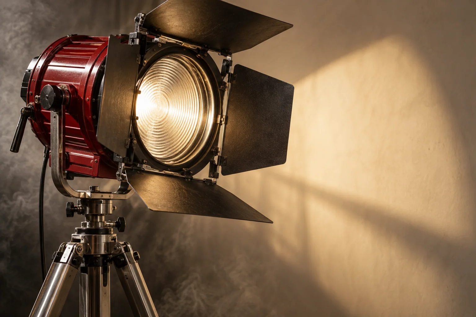 A scarlet studio spotlight casting a theatrical pool of light