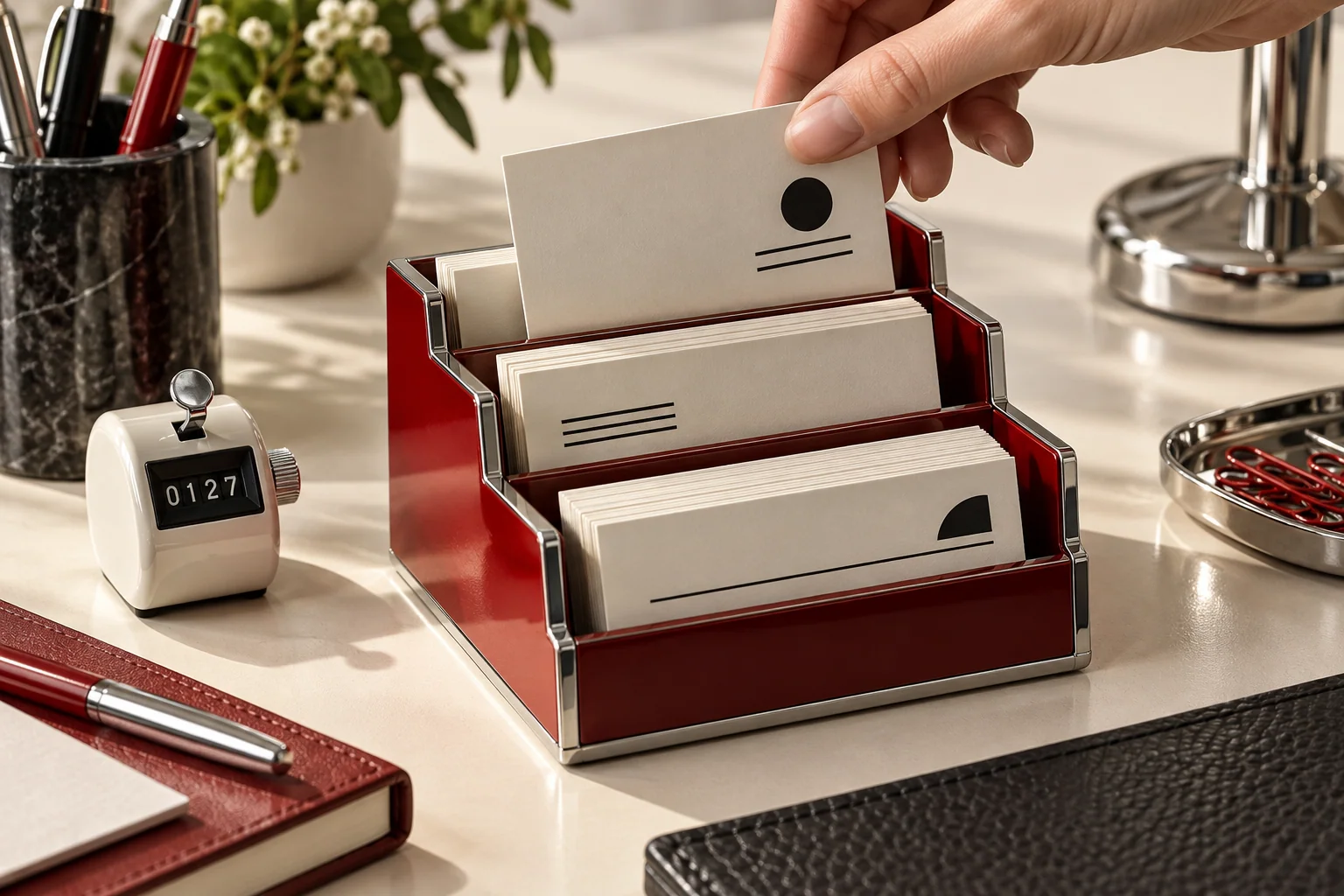 A red desktop organizer sorting business cards into clear compartments