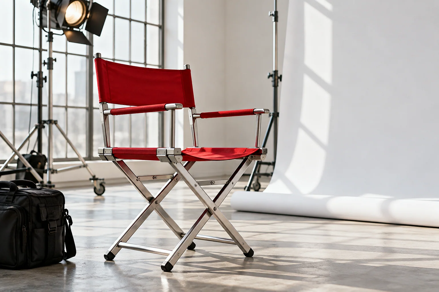 A scarlet director’s chair on an airy film set