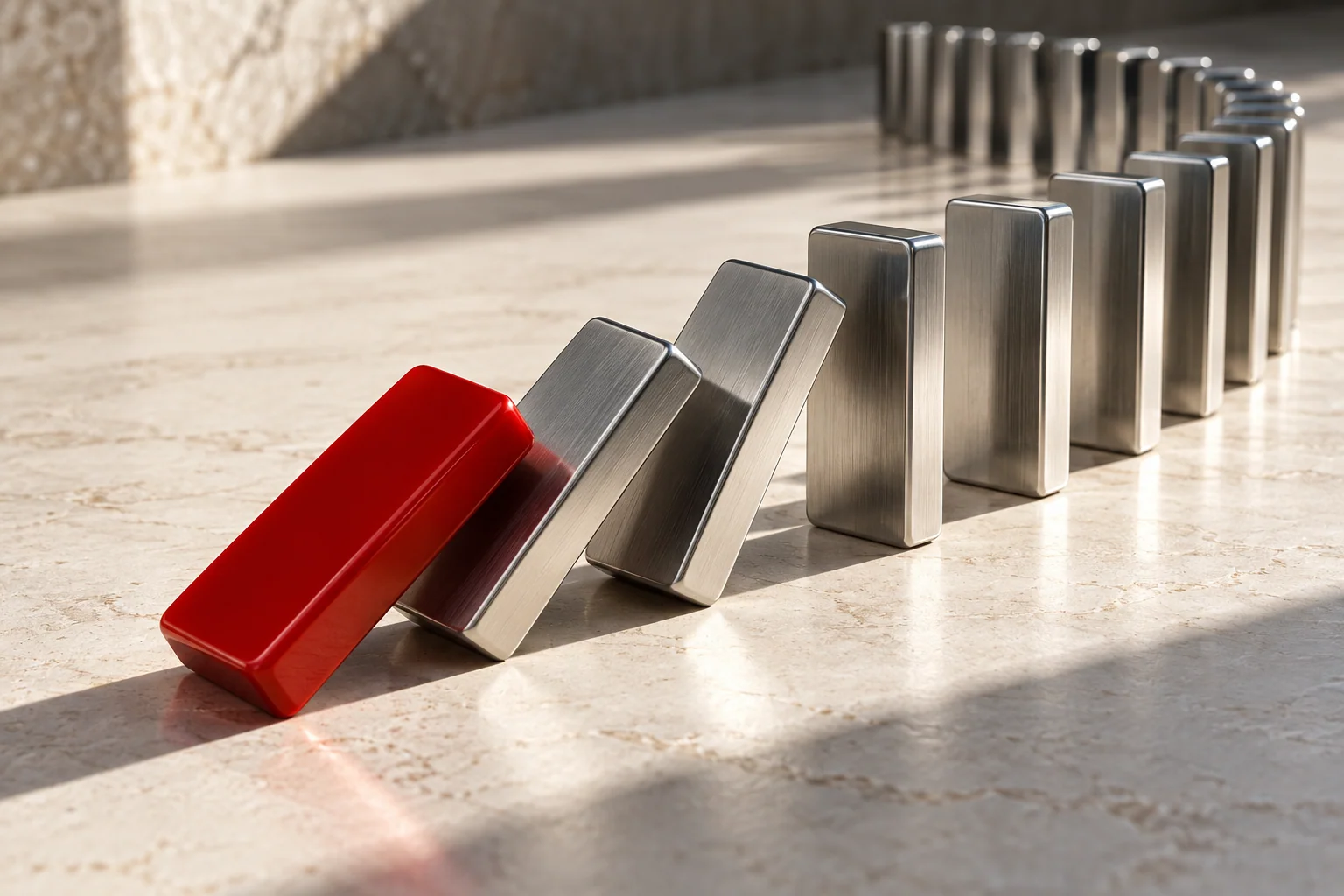 A scarlet domino setting a precise row of chrome dominoes in motion