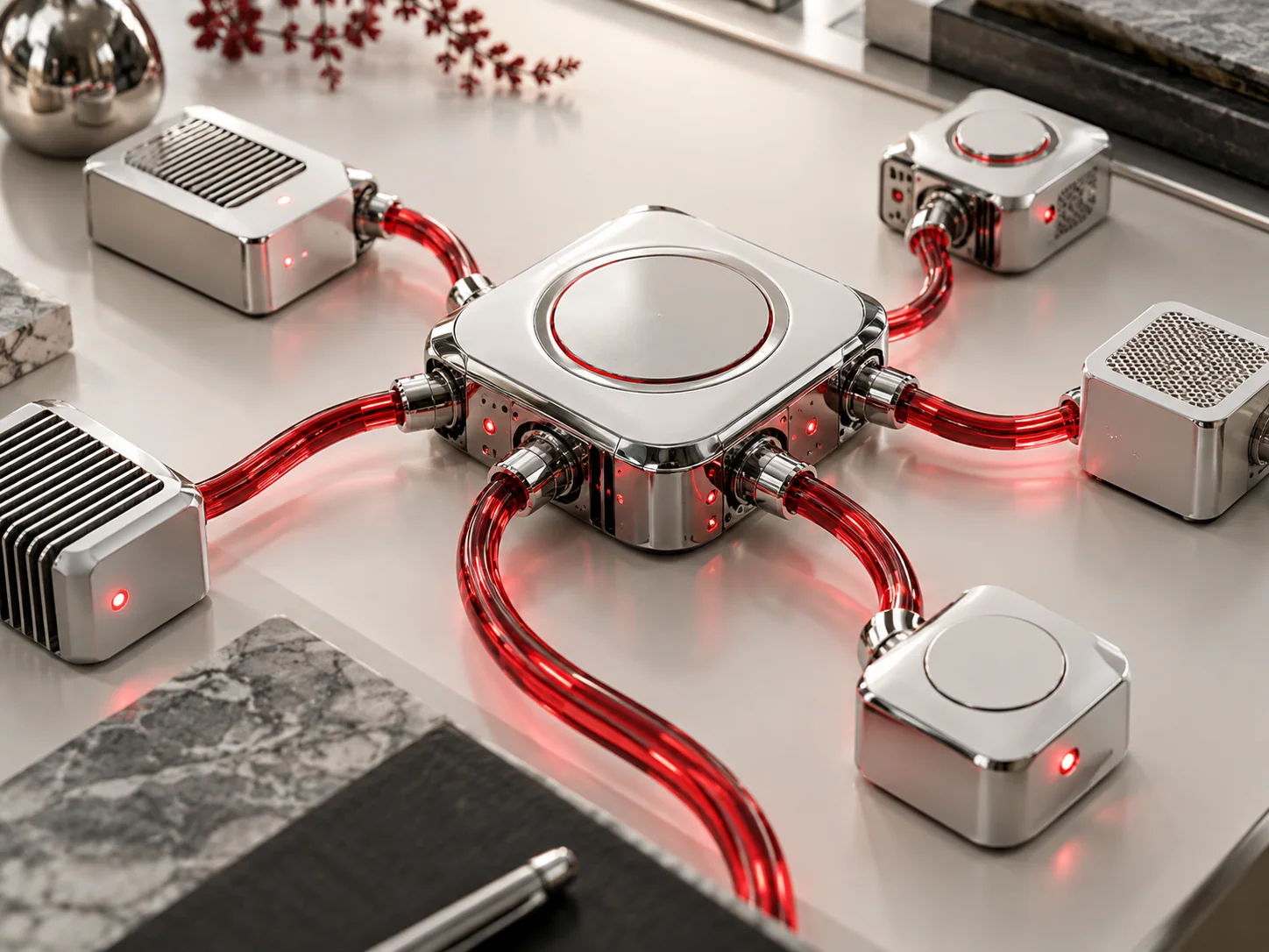 Connected white and chrome computing modules linked by red fibre optic cables