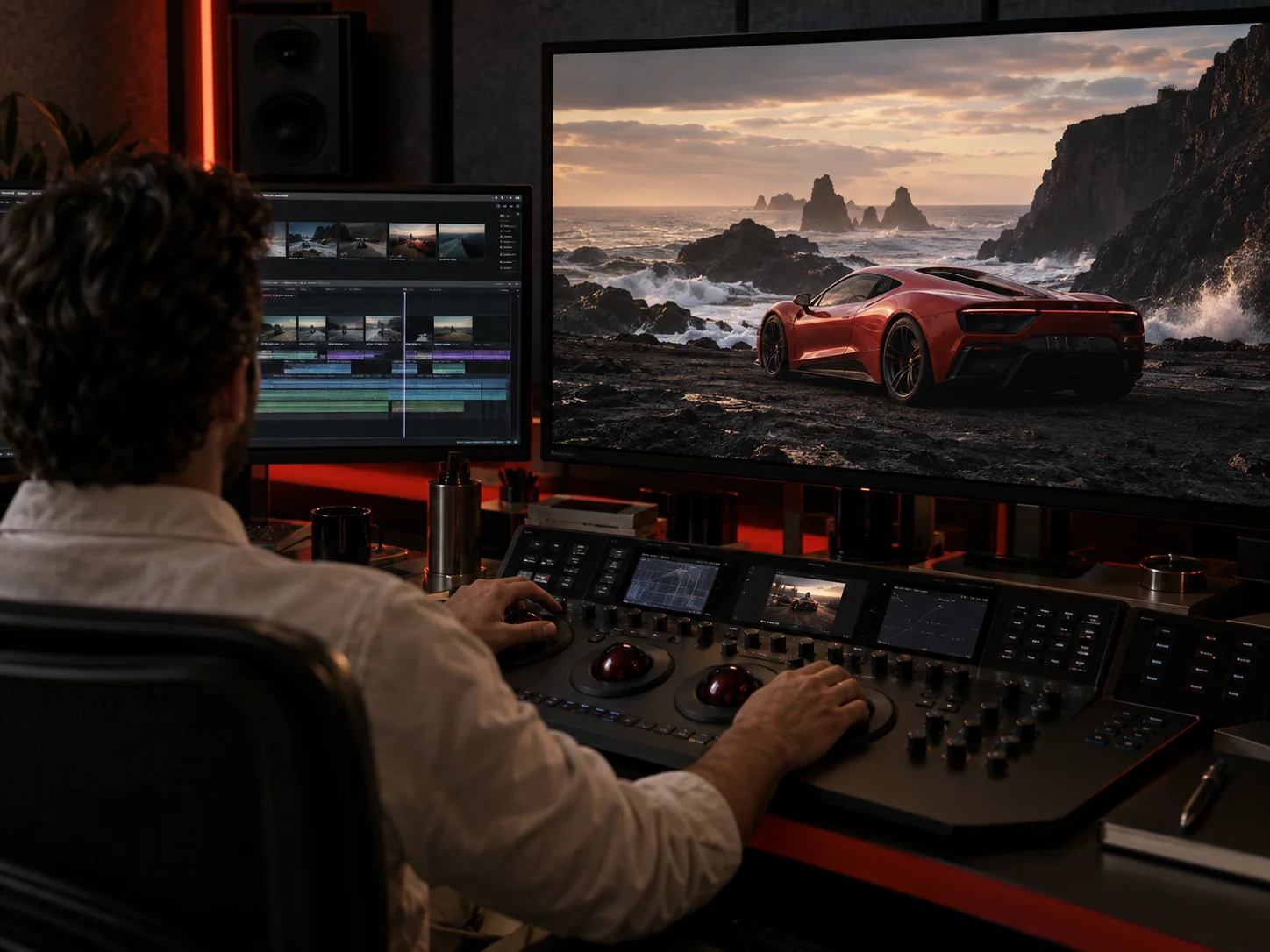 Editing concept showing a cinematic film in a professional color grading suite