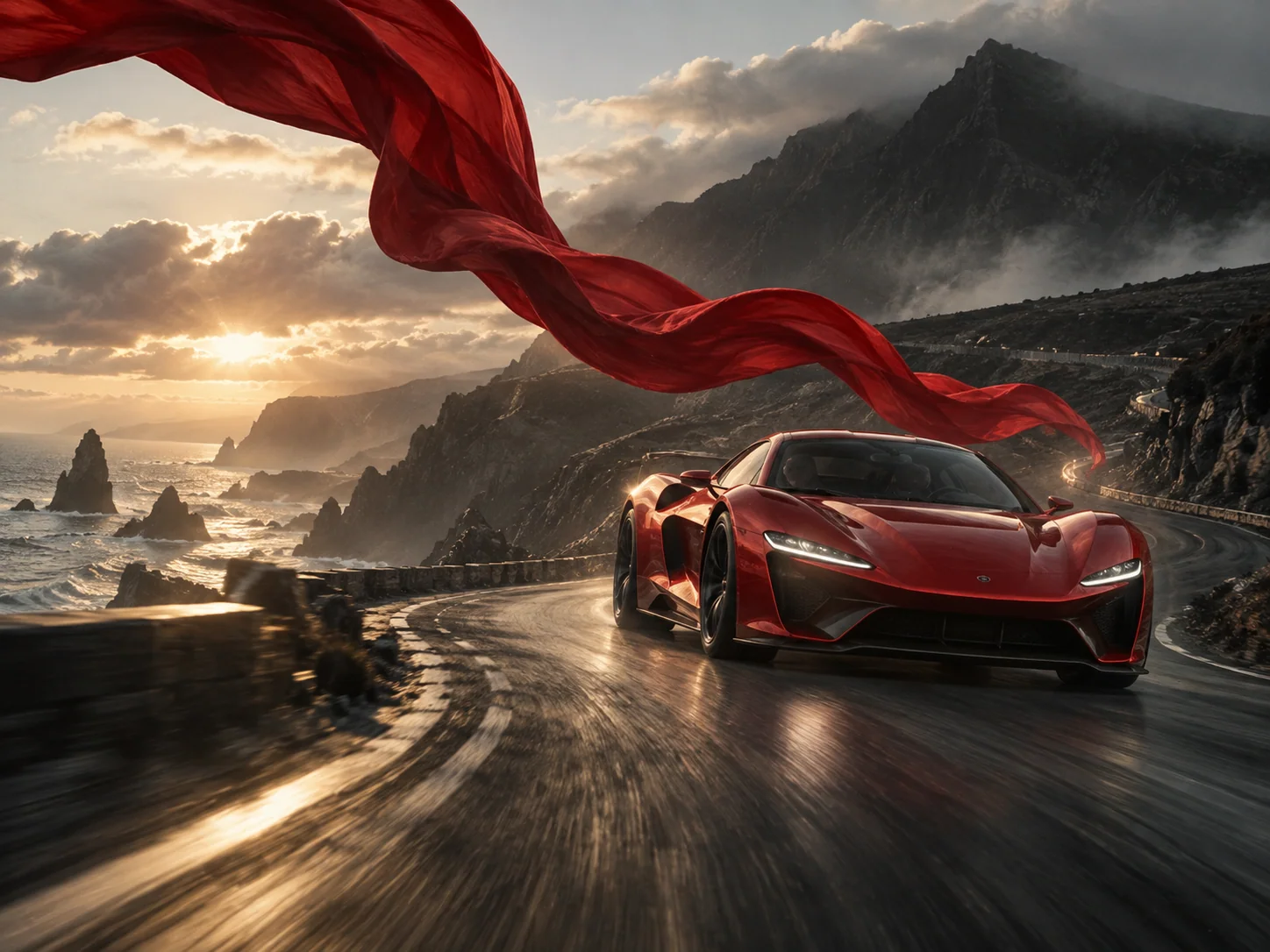 Cinematic AI campaign concept of a scarlet sports car on a coastal road