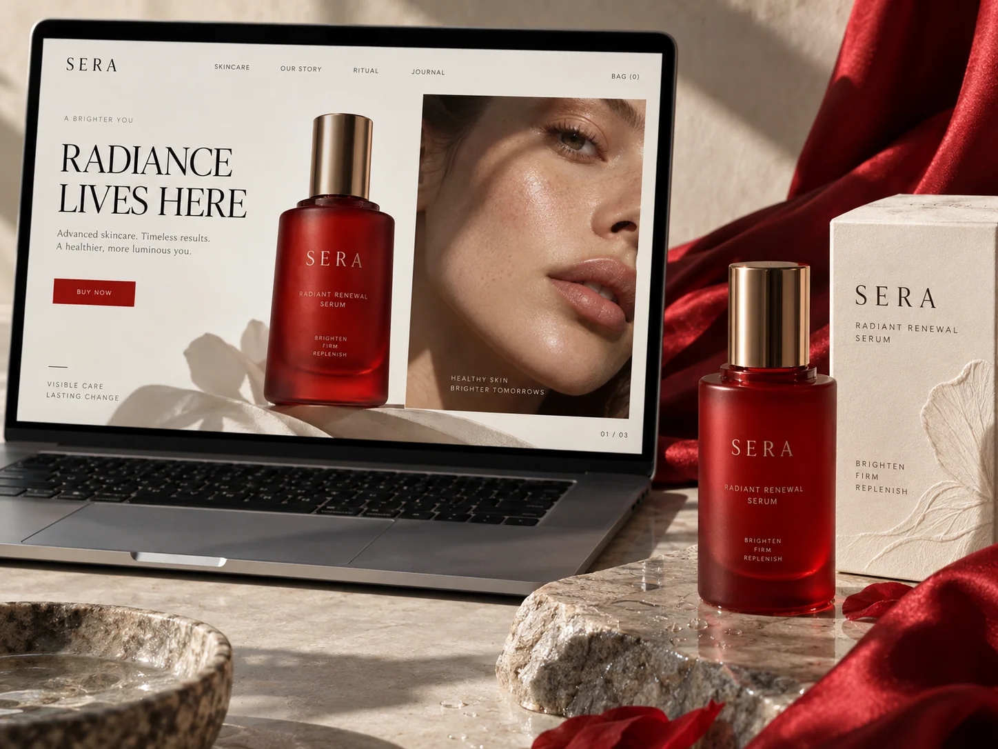 Skincare landing page concept with a scarlet product bottle and laptop
