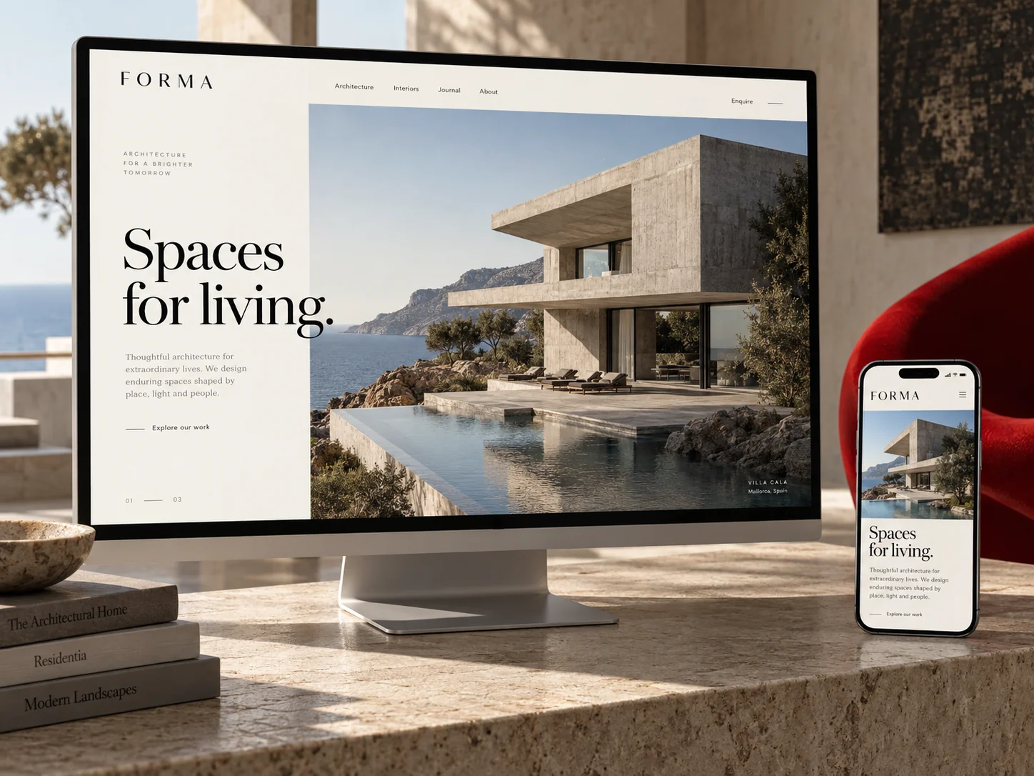 Architecture website design concept on a widescreen monitor and mobile phone