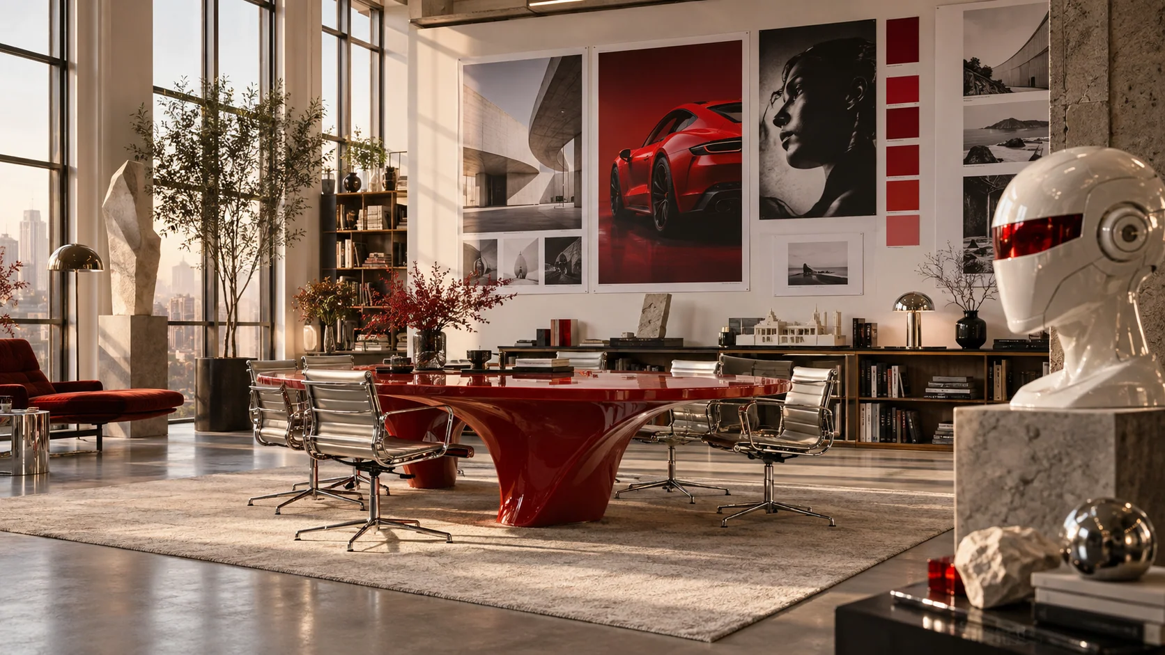 Vixels AI studio concept with creative boards, a scarlet table and ceramic robot sculpture