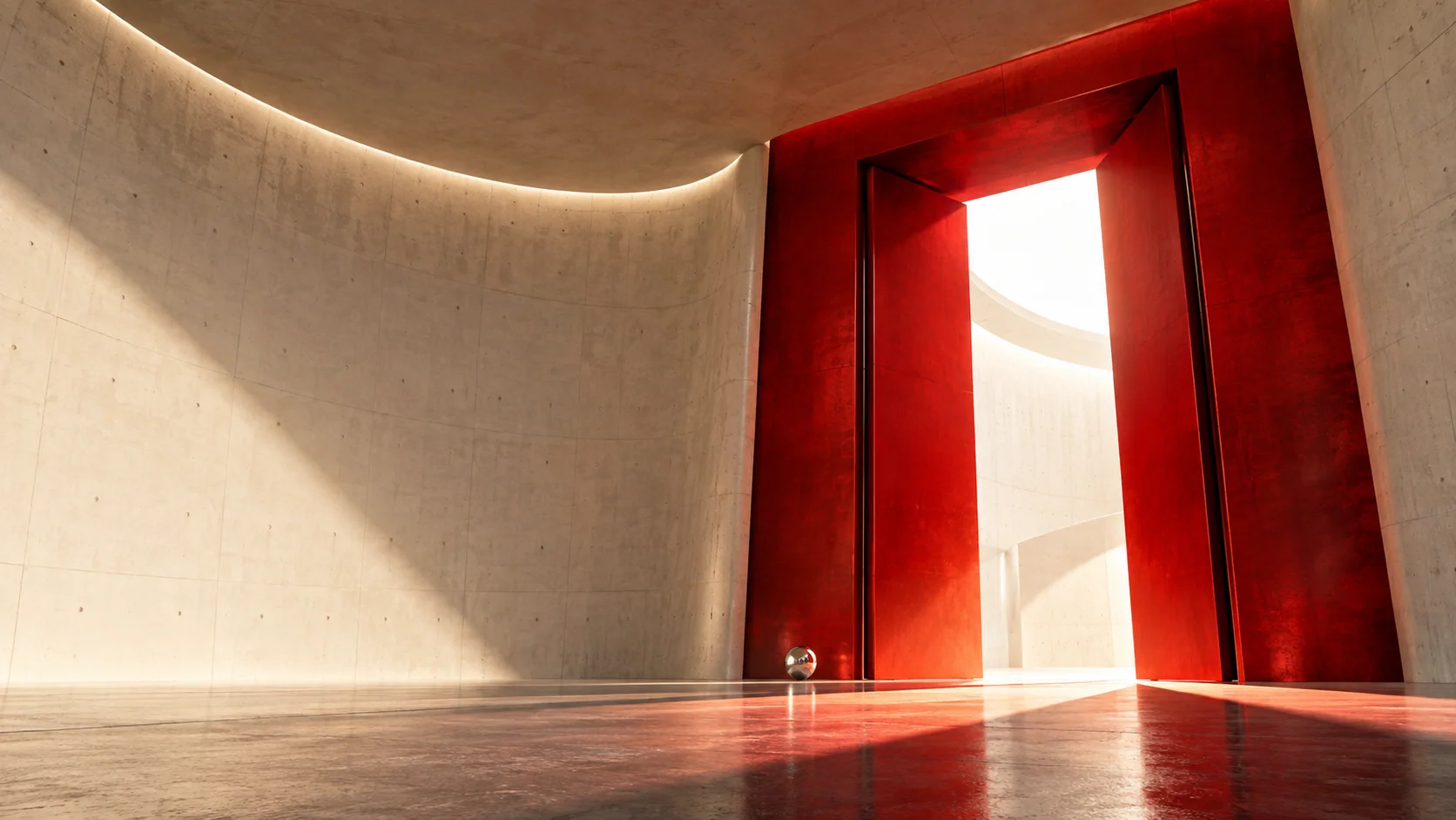 A monumental scarlet doorway opening into a bright white architectural space