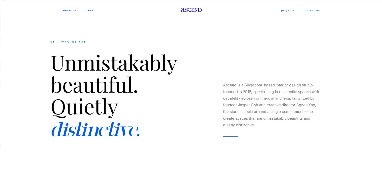 About section reading “Unmistakably beautiful. Quietly distinctive.” beside a paragraph on the studio