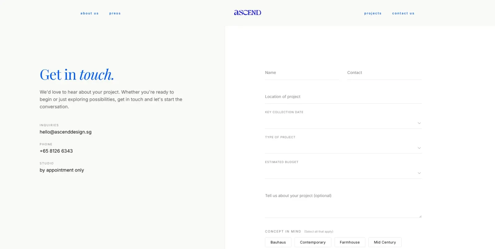 Contact page reading “Get in touch” beside a form asking for location, key collection date, budget and style