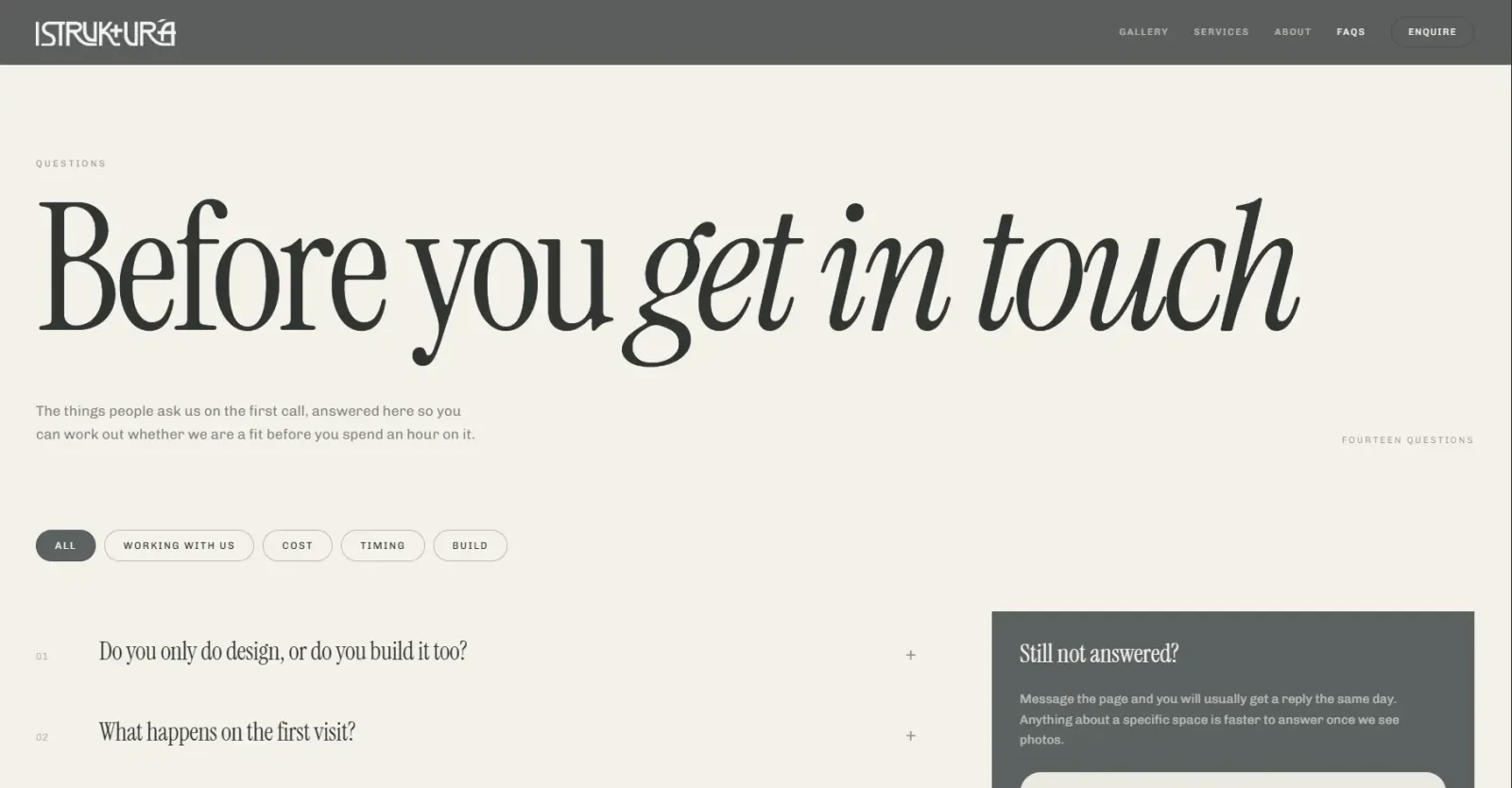 Frequently asked questions page headed “Before you get in touch” with category filters and fourteen questions