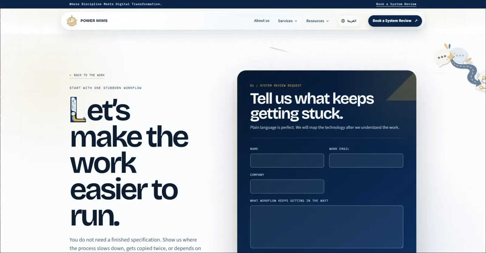 System review request page headed “Let’s make the work easier to run” beside a dark navy enquiry form
