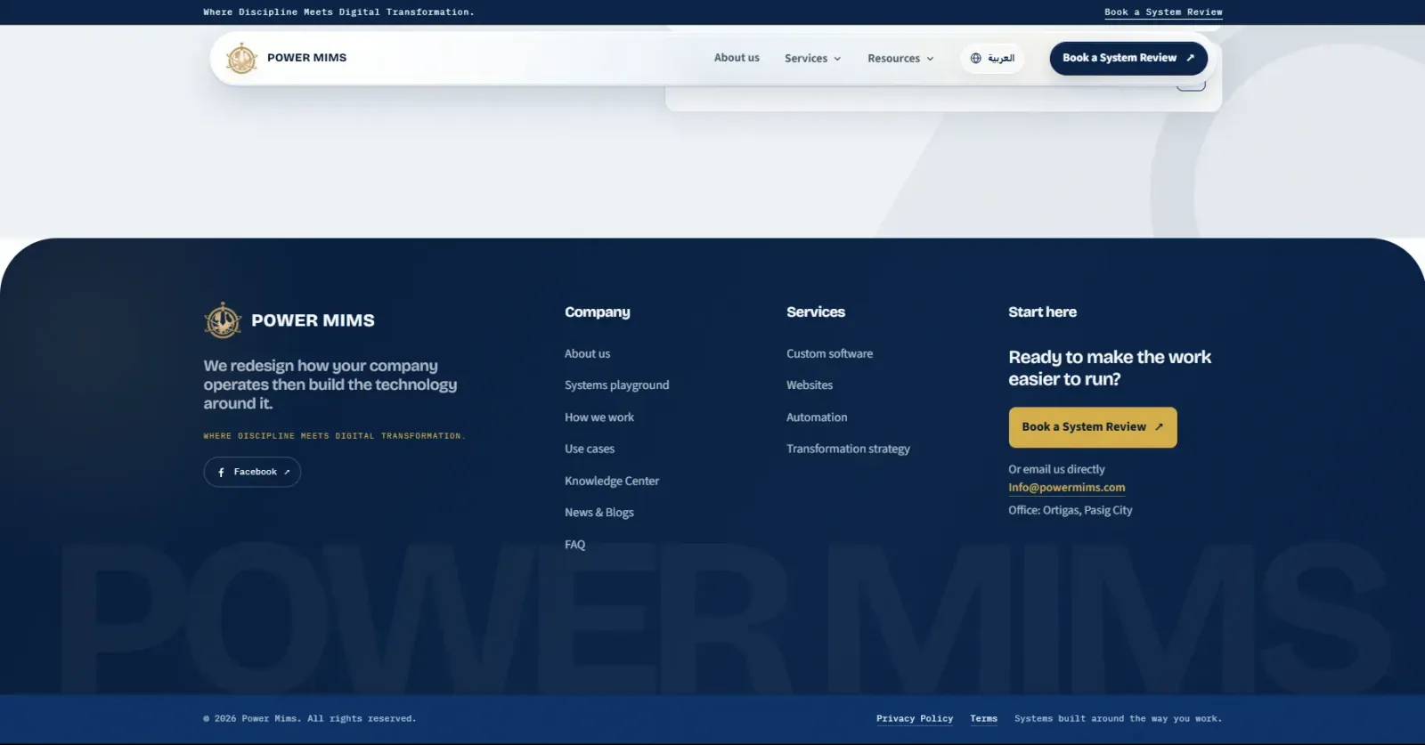 Footer with company and service links, an office address in Ortigas, and a book a system review button