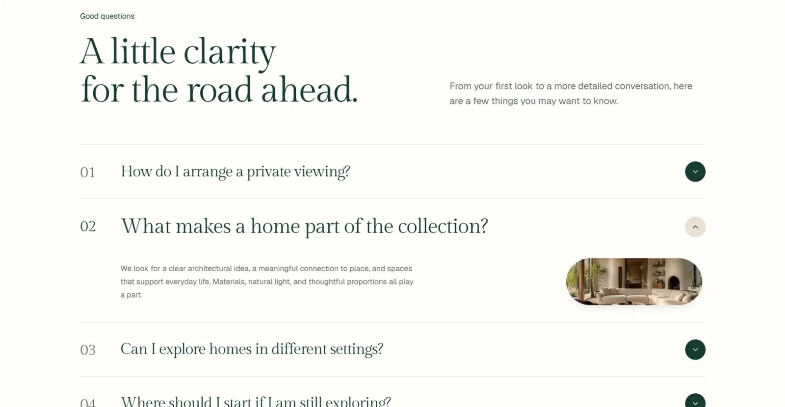 Frequently asked questions section titled “A little clarity for the road ahead” with an open answer and a photograph