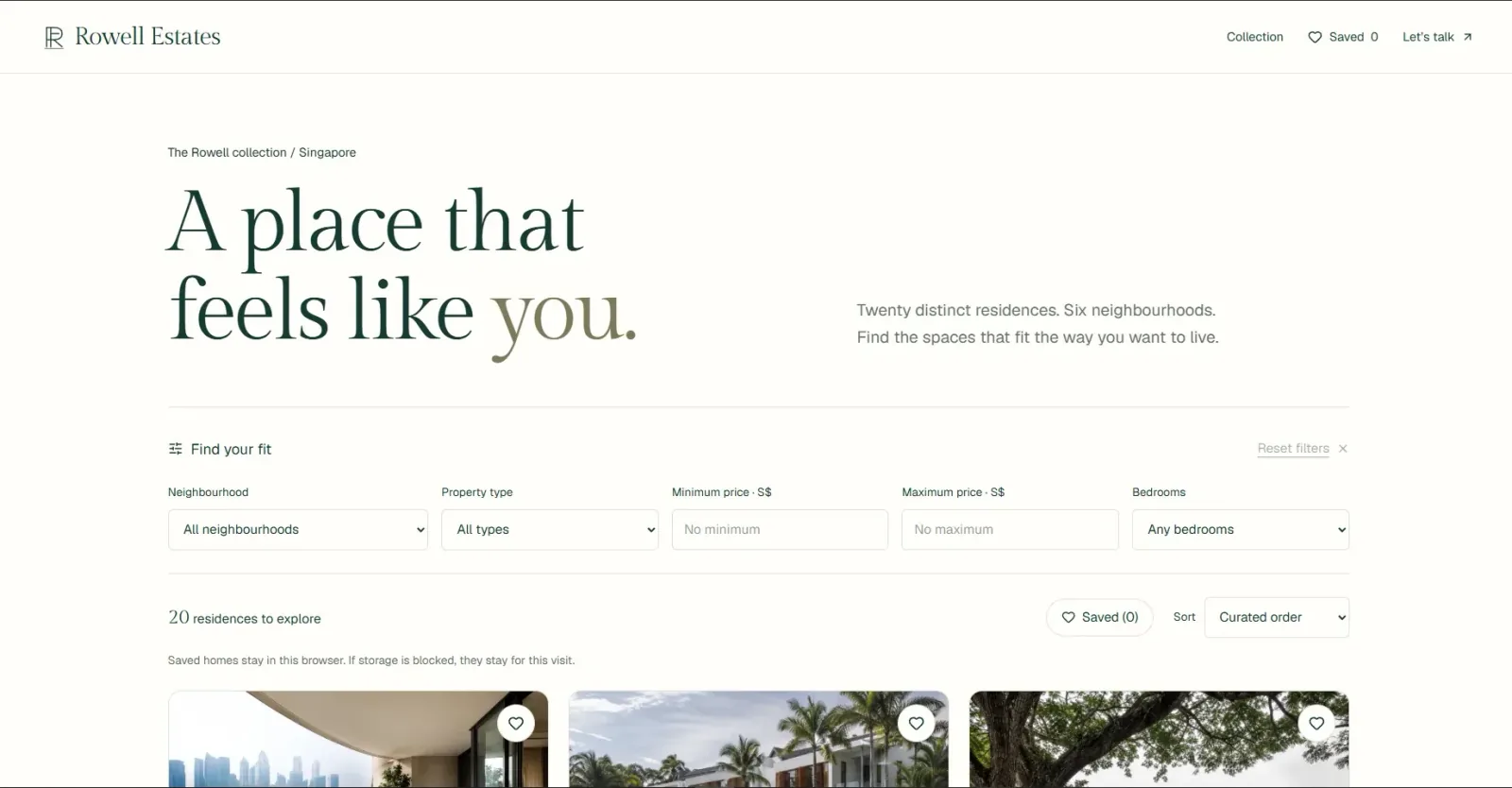 Collection page reading “A place that feels like you” with neighbourhood, type, price and bedroom filters