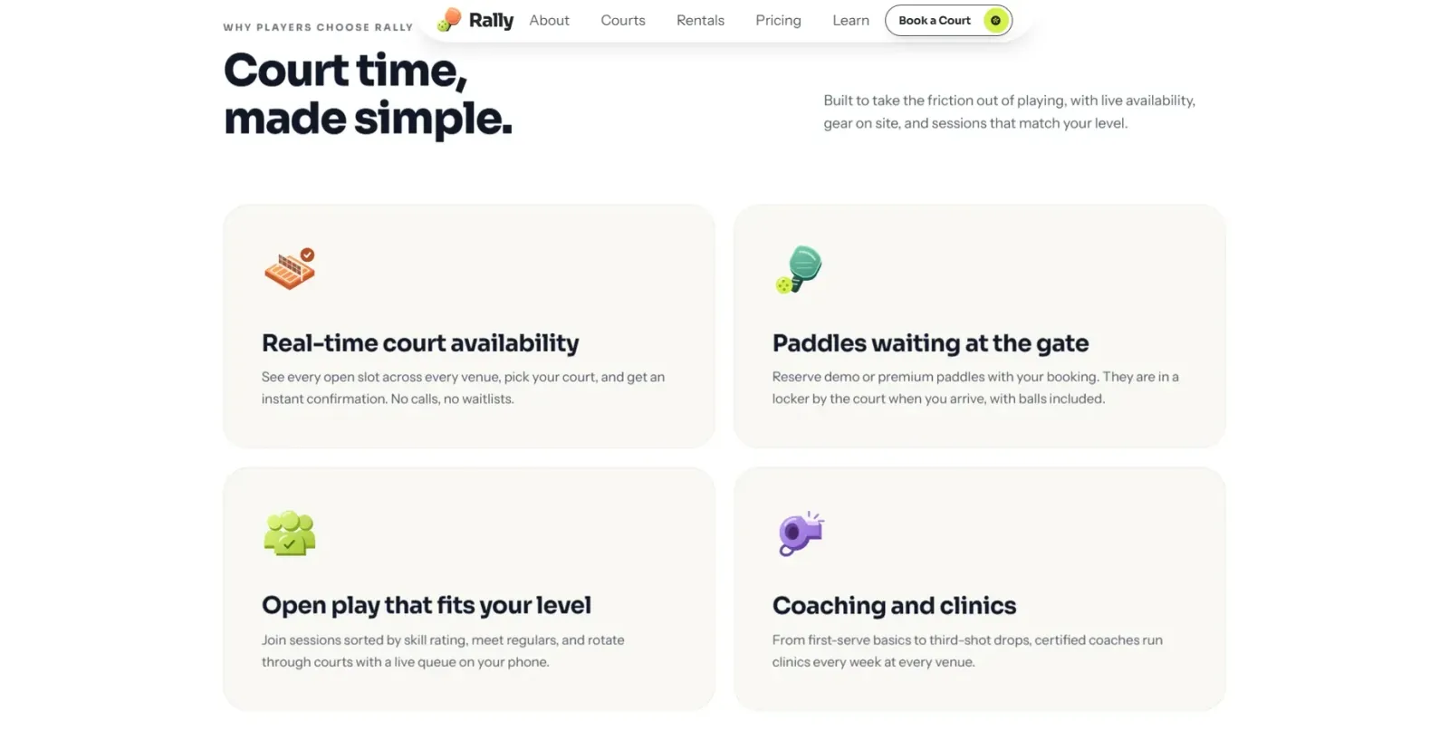 Feature grid headed “Court time, made simple” covering availability, paddles, open play and coaching
