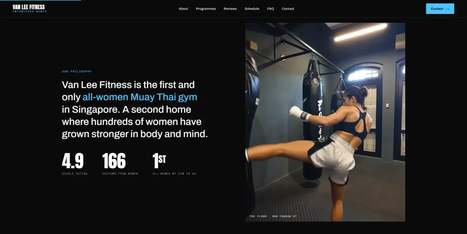 Philosophy section stating Van Lee Fitness is Singapore’s first all-women Muay Thai gym, beside a 4.9 rating and 166 reviews