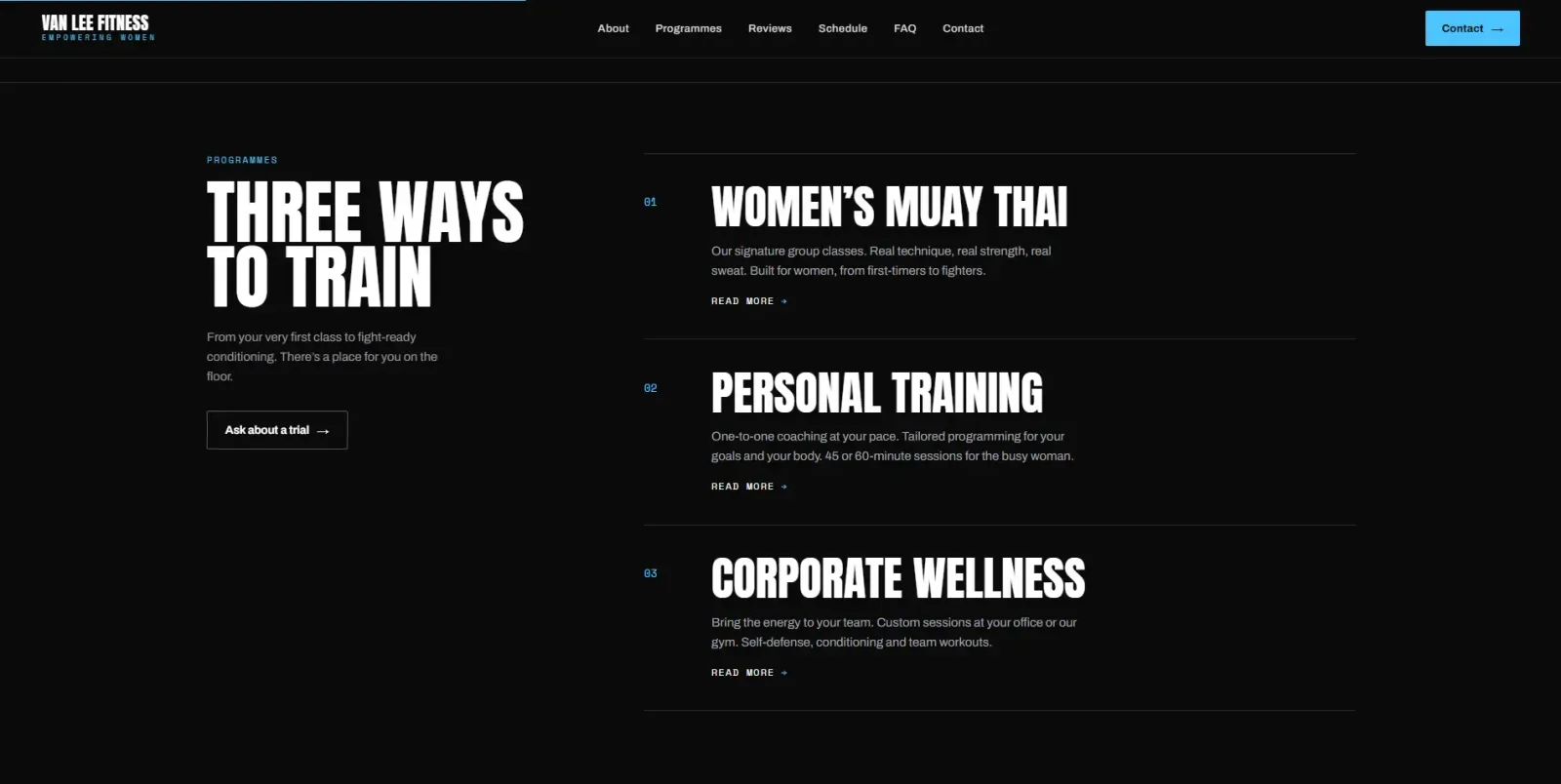 Programmes page headed “Three ways to train”, listing women’s Muay Thai, personal training and corporate wellness