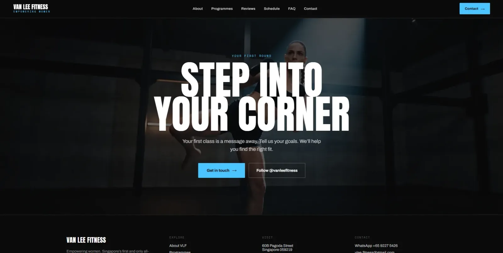 Closing call to action reading “Step into your corner” with get in touch and Instagram buttons