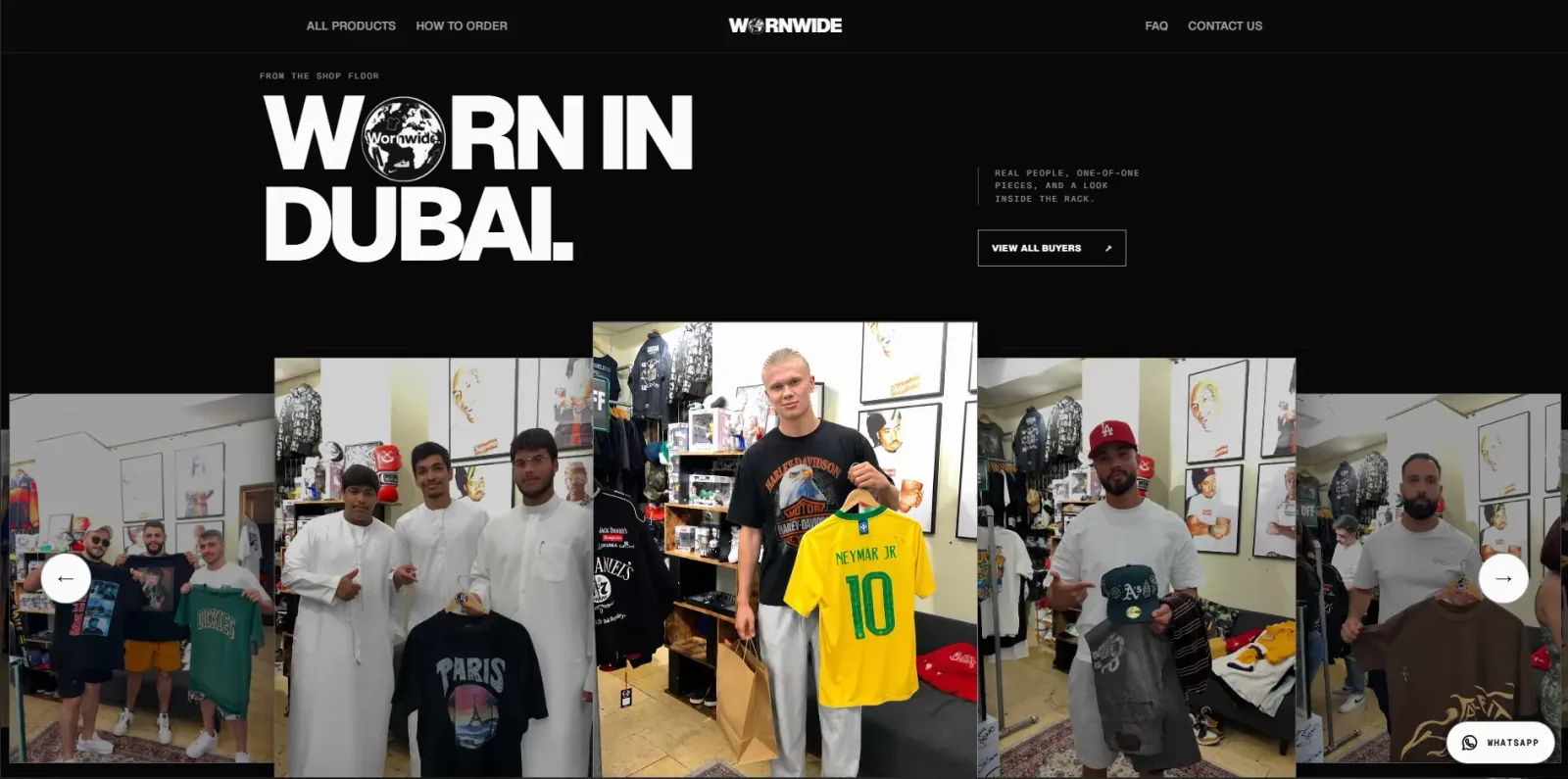 Shop floor section headed “Worn in Dubai” with photographs of customers holding jerseys and tees