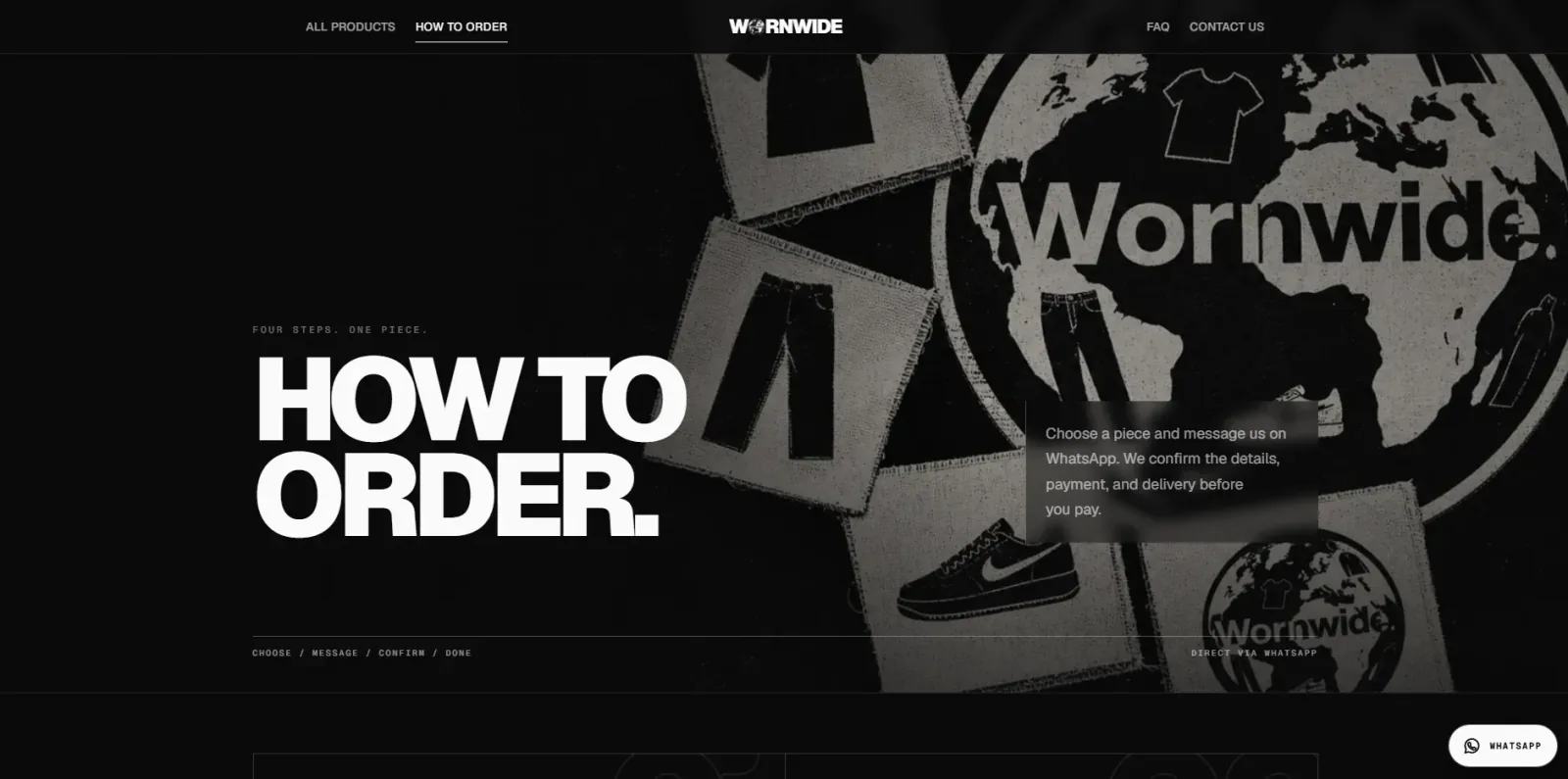 How to order page explaining the four-step WhatsApp ordering process over a monochrome shop photograph